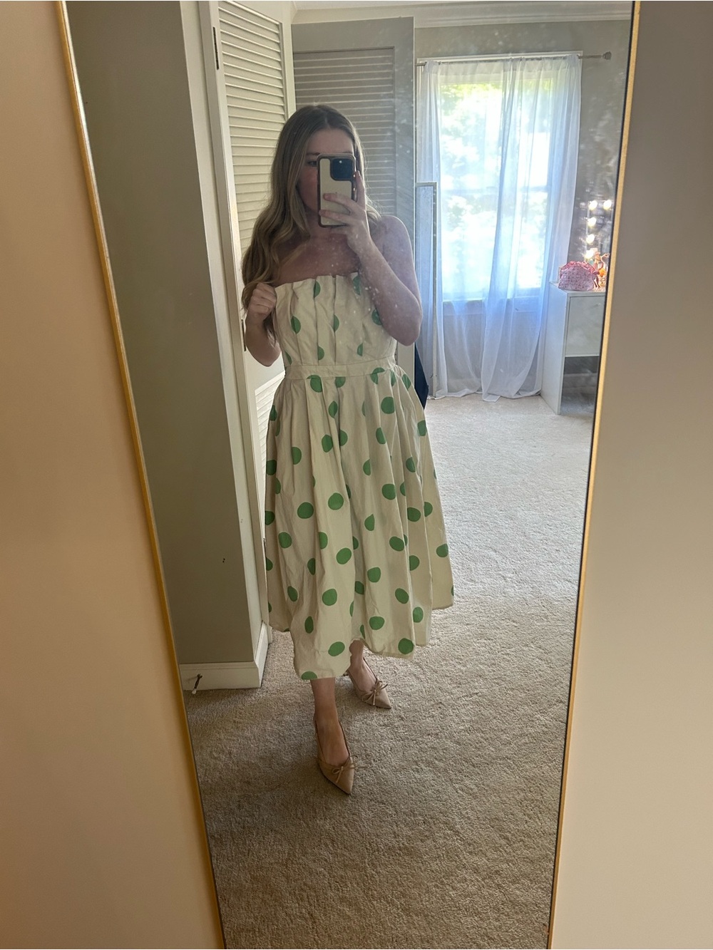 Strapless Cream Midi Dress with Green Polka Dots